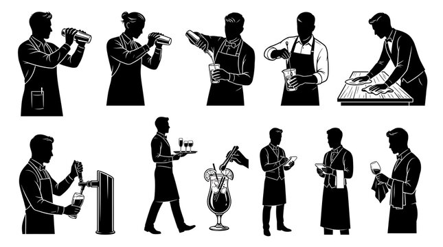 Bartender silhouettes set serving cocktails and drinks in black and white