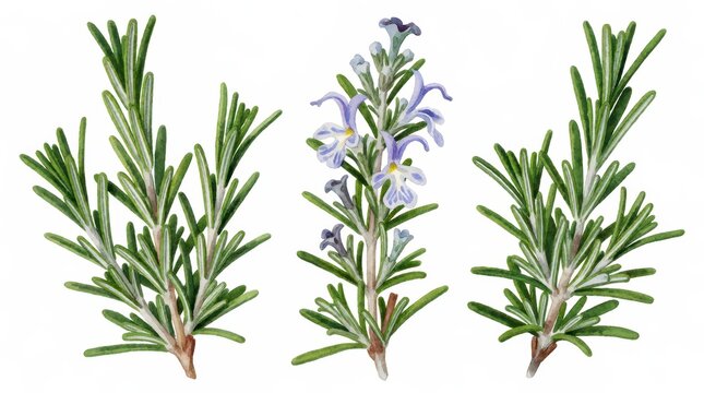 Fresh rosemary sprigs with purple flowers isolated on a white background for culinary design