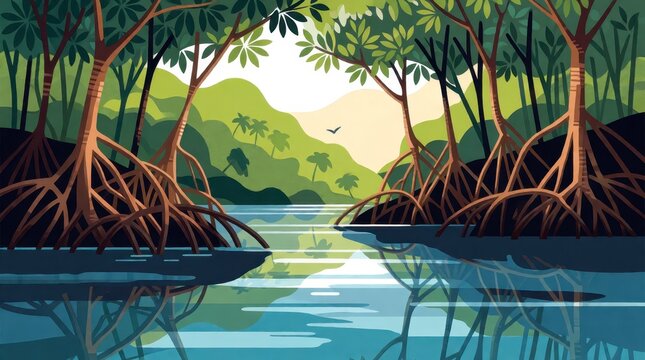 Mangrove forest ecosystem illustration with river water reflection and tropical trees for background