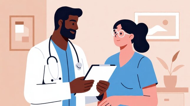 Doctor and nurse reviewing medical chart in a clinic office with flat vector illustration style