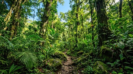Fototapeta premium Lush Tropical Rainforest Path Bathed in Sunlight.