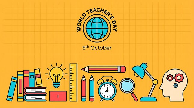 World teachers day graphic featuring school supplies and education icons on a yellow grid background with displays various education
