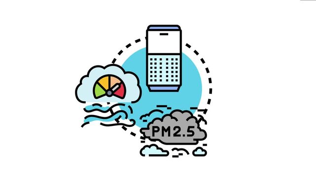 Online air quality monitoring system concept a digital device connecting to different elements like atmospheric conditions, pollution levels, and particulate matter
