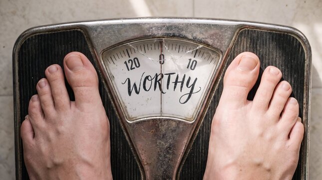 Bare feet on vintage bathroom scale with word worthy, self worth body positivity concept