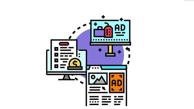 Online advertising concept representing a digital marketing strategy for internet promotion, including website ads, financial aspects, and campaign management elements