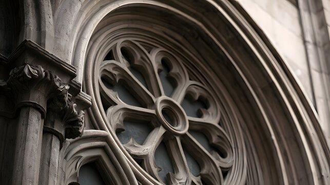 Close up of a detailed Gothic rose window with intricate stone tracery and weathered architectural elements