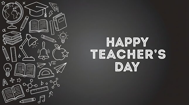 Happy teachers day greeting with white chalk hand drawn school supplies on a black chalkboard background with illustrations various school