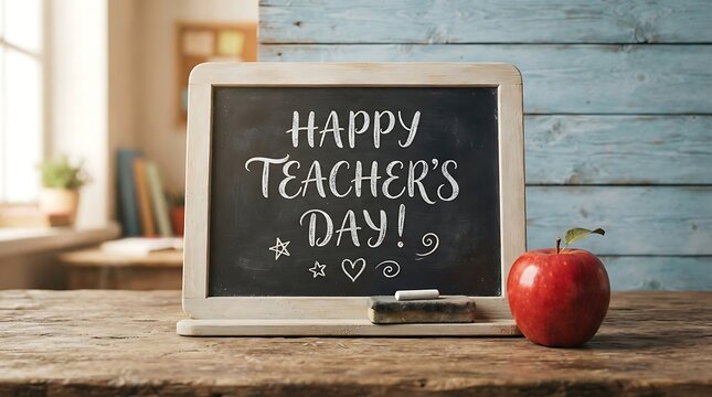 Chalkboard with happy teacher day text and a fresh red apple on a wooden desk with written white chalk sits rustic wooden desk next shiny