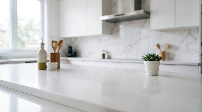 Modern White Kitchen Countertop with Marble Backsplash and Accents.