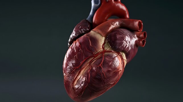 A detailed anatomical view of a human heart with visible chambers  valves  and major blood vessels against a dark background