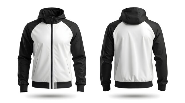 Black and white raglan sleeve hoodie jacket mockup front and back view