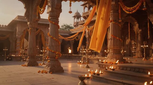 Ancient Palace Courtyard Inspired by Ramayan Epic with Oil Lamps