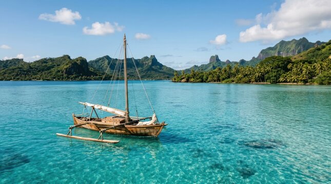 Traditional Polynesian Outrigger Canoe Drifting in Crystal Clear Turquoise Waters of Bora Bora.
