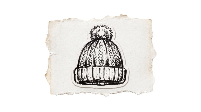 Hand drawn knitted beanie hat sketch isolated on white paper background for winter fashion clothes cold weather concept