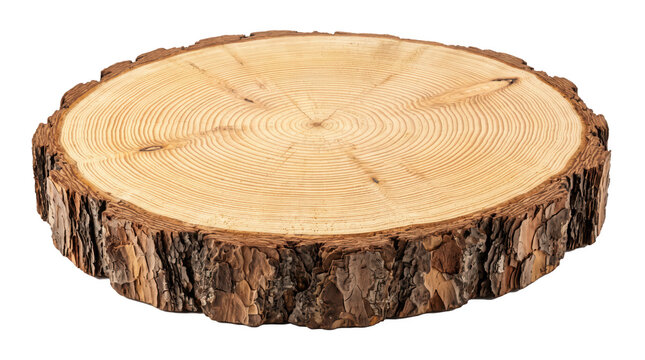 Natural wooden cross section round slice with bark isolated on transparent background