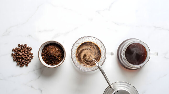 Pour Over Coffee Brewing Steps Sequence Flat Lay Concept