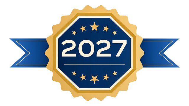 Year 2027 gold seal of quality with blue ribbon and stars quality award business badge star rating premium quality certified excellence
