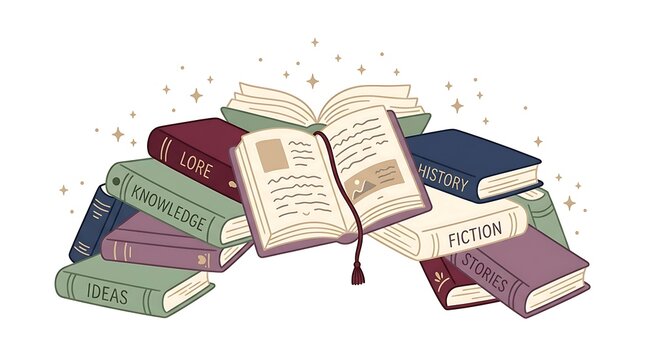 Stack of colorful hardcover books with various genre labels on a white background with sparkles with background flat illustration pile vintage hardcover