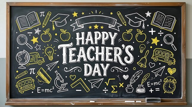 Happy teachers day text written with chalk on a blackboard surrounded by hand drawn school icons with blackboard decorated white drawings school supplies