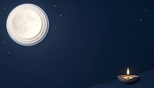 Full moon shining in a dark blue sky above a single glowing lit oil lamp diya with night sky