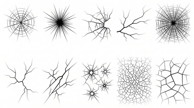 Collection of diverse crack patterns and broken glass elements