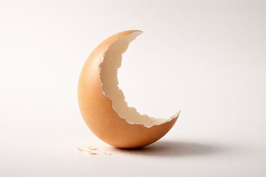 Brown eggshell broken in half on white background with scattered pieces