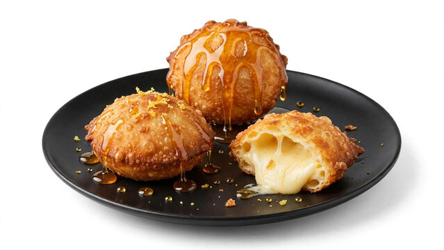 Sardinian Seada Sebada Cheese Pastry with Honey on Black Plate