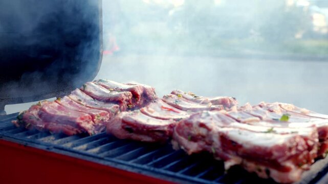 Fresh Meat Cooking on Outdoor Barbecue Grill