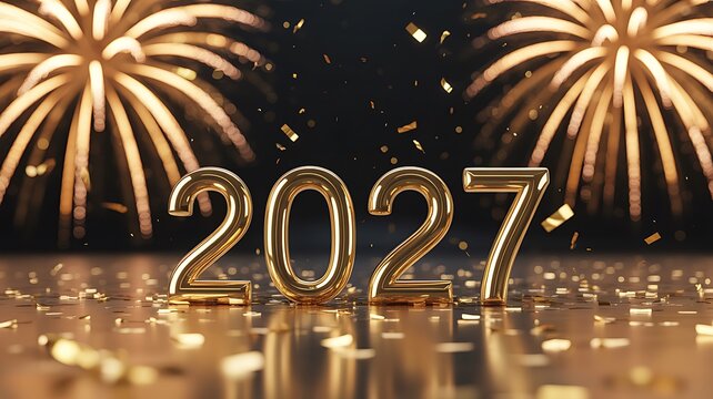 Golden 2027 balloons with bright fireworks in the night sky for a festive new year celebration background