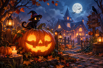 Fototapeta premium Halloween jack o lantern with black cat trick or treat scene for event flyers