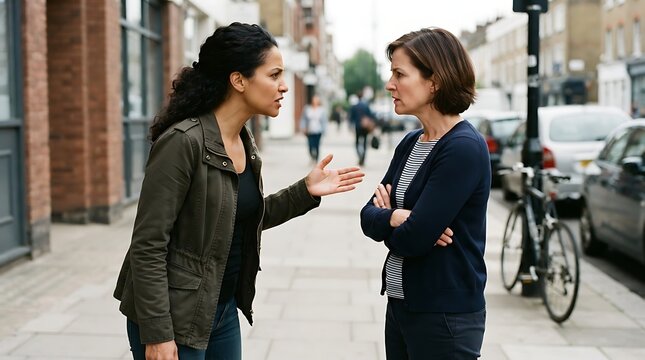 Two women having a heated argument on a city sidewalk with urban background