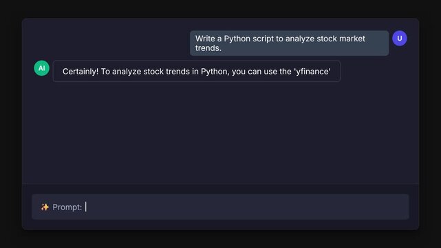 Dark mode AI chatbot UI typing Python script for stock market analysis