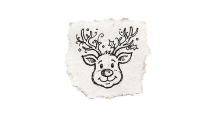 Cute Christmas reindeer sketch drawn on paper scrap piece. Festive winter animal character illustration for xmas promotional sale tag, holiday greeting card mockup element. © Jelizaveta