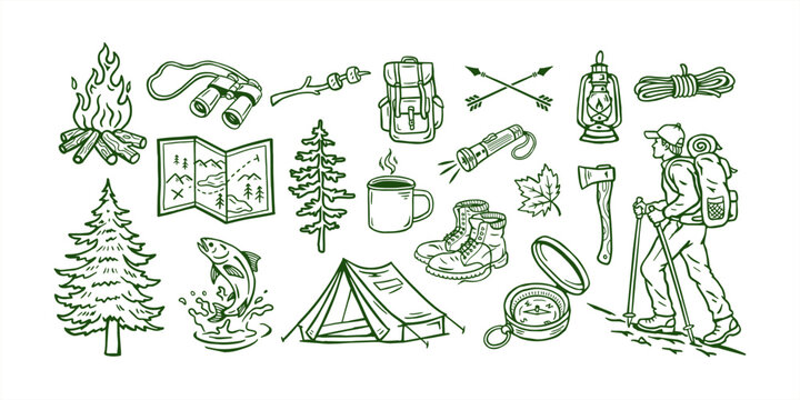 Hand-drawn hiking and camping vector collection with tents, backpacks, campfire, compass, binoculars, lantern, hiking boots, fishing, pine trees and outdoor adventure elements.