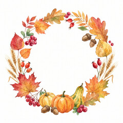 Fototapeta premium Watercolor Autumn Wreath with Pumpkins Leaves and Berries Isolated on White Background for Thanksgiving and Harvest Seasonal Decoration Design