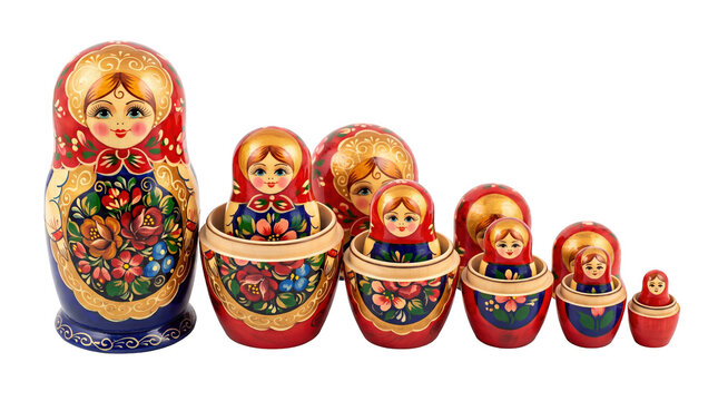 Opened Russian Matryoshka nesting dolls arranged in row. Traditional wooden folk souvenir graphic for cultural travel brochure header, family heritage banner and toy shop mockup.
