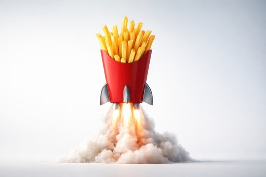 French fries in a red rocket taking off with flames and smoke on white background