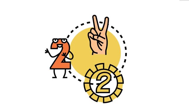Visualizing the simple arithmetic operation of addition. Combining a hand gesture representing two with a playful numeral and a badge design for the number two