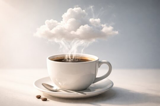 A steaming cup of coffee with a cloud of smoke rising to form a fluffy white cloud above it on a saucer with spoon and beans