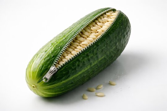 A green cucumber with a zipper opened to reveal its seeds on a white background
