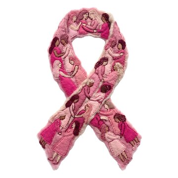 Pink October breast cancer awareness ribbon in embroidered felt textile style with women supporting each other