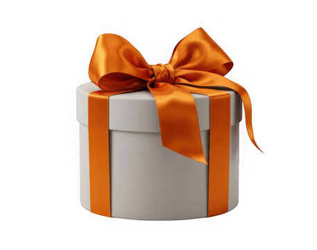 Round gift box with orange ribbon bow isolated on transparent background