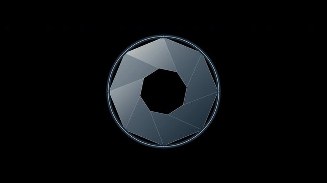 Mechanical iris camera aperture icon with overlapping blades on black background
