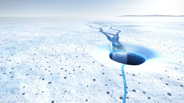 Aerial Glacier Meltwater Stream Plunging Into Moulin Shaft Seamless Loop