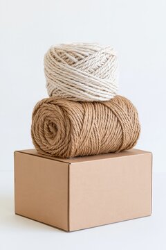 Natural beige and white packaging twine stacked on a kraft cardboard box, minimalist eco friendly wrapping and sustainable packaging concept