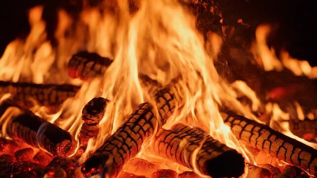 Glowing Embers and Burning Logs in a Cozy Fireplace with Warm Orange Flames during a Peaceful Evening