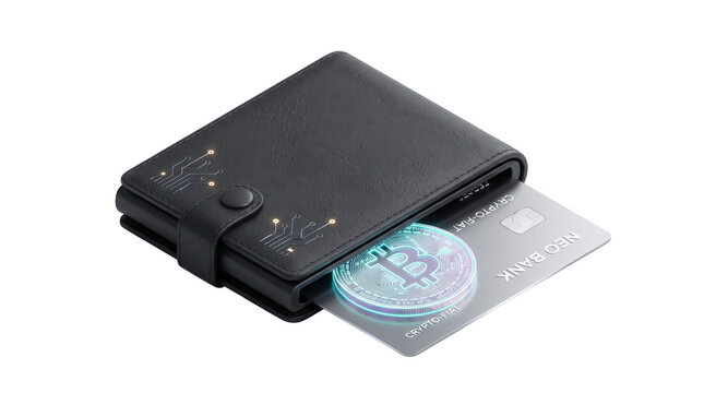 Black leather wallet holding a credit card and a glowing digital cryptocurrency coin on a neutral surface.