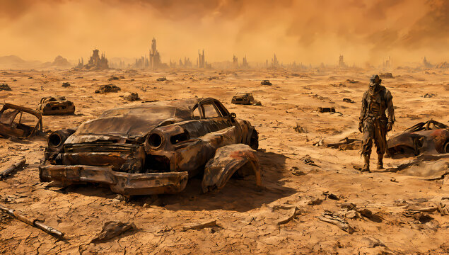 A lone traveler in a post-apocalyptic wasteland filled with rusted cars and ruined cities under a dusty orange sky.