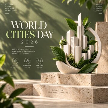White architectural city model sculpture with lush green plants on natural textured stone platform