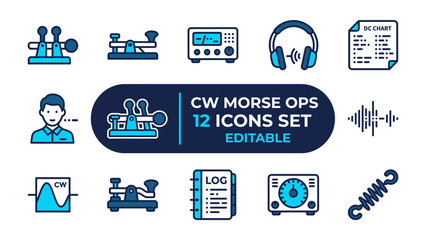 CW Morse Ops 12 Icon Set: A collection of editable icons representing the world of amateur radio and Morse code communication, featuring telegraph keys, radios, headphones, charts, and more. © Mst